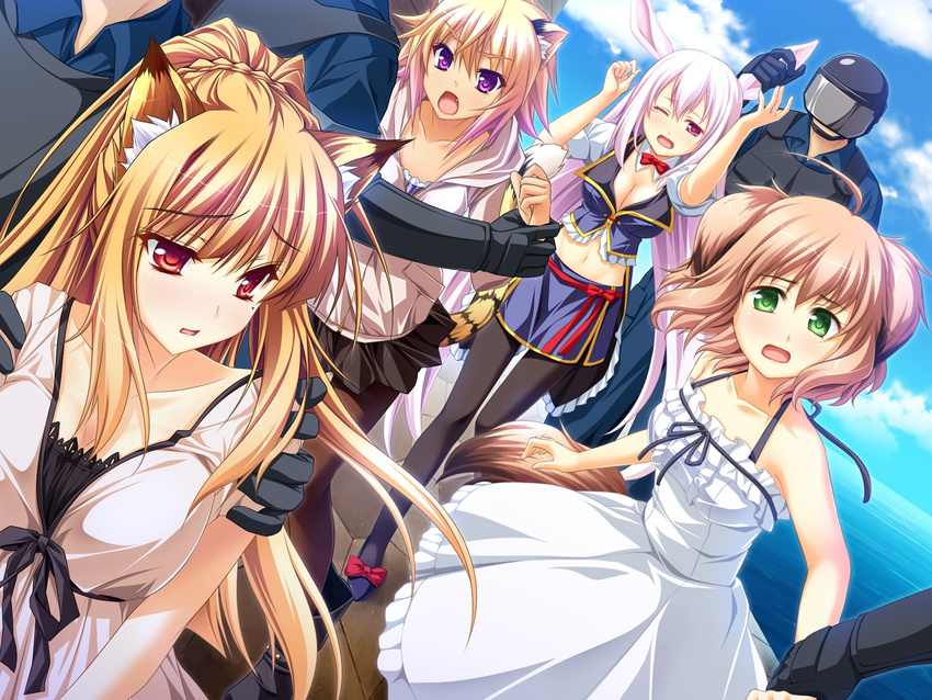 2boys 4girls animal_ears blonde_hair blush breasts brown_hair bunny_ears bunny_girl bunnygirl byoubu_tetora cat_ears cat_tail cleavage dog_ears doggirl dress fang fox_ears foxgirl frills game_cg gradient_hair green_eyes highres koya_chachako kusahara_hanemi large_breasts long_hair miyama_kon mole multicolored_hair multiple_boys multiple_girls no_bra otomimi_infinity outdoors pink_eyes pink_hair purple_eyes ribbon scared sky tail tears water wrist_grab