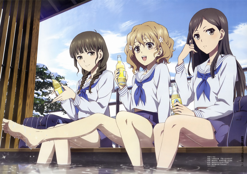 absurdres barefoot black_eyes black_hair brown_hair cloud day detexted drink feet hanasaku_iroha highres legs long_hair matsumae_ohana megami multiple_girls non-web_source official_art oohigashi_yurie open_mouth oshimizu_nako outdoors school_uniform serafuku short_hair sky smile soles third-party_edit toes tsurugi_minko twintails water wavy_hair wet