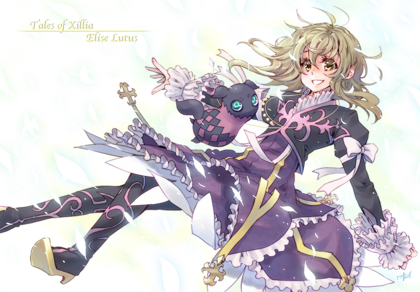 blonde_hair boots character_name copyright_name creature dress elize_lutus frills grin smile takanashi_ringo tales_of_(series) tales_of_xillia teepo_(tales) yellow_eyes