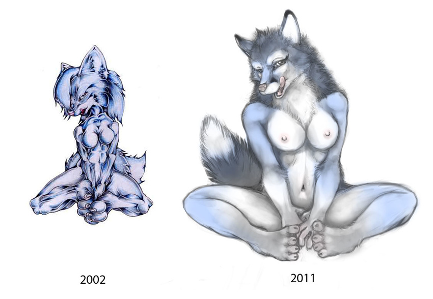 2011 anthro breasts canine comparison female fox looking_at_viewer mammal nipples nude pira plain_background sitting tongue tongue_out white_background