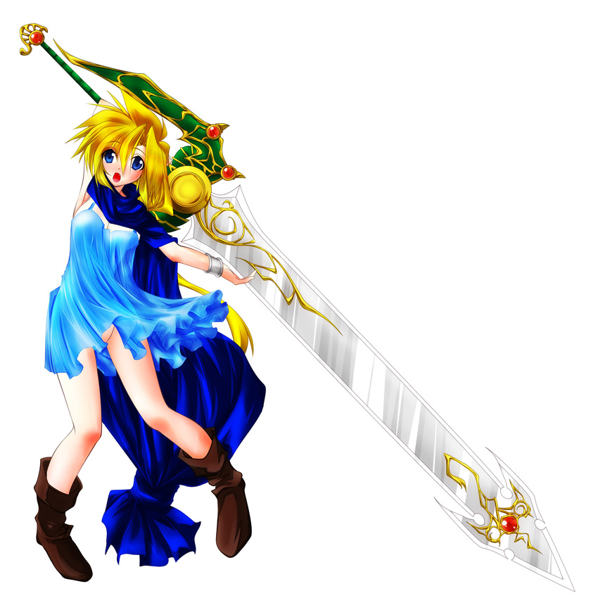 bianca's_son blonde_hair blue_eyes blush boots bracelet breasts cape cleavage dragon_quest dragon_quest_v dress genderswap genderswap_(mtf) highres huge_weapon jewelry long_hair medium_breasts no_panties open_mouth oushi sword weapon