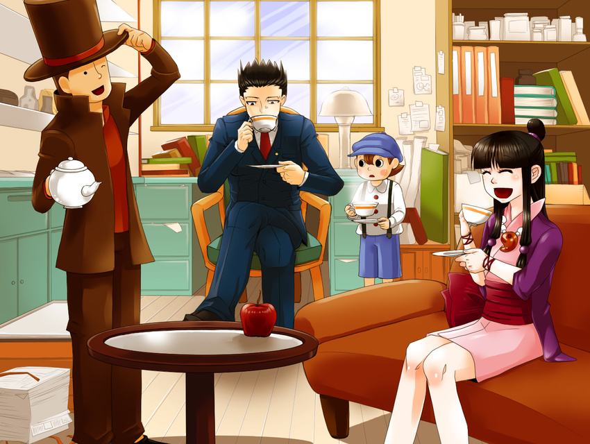 1girl 3boys ace_attorney apple ayasato_mayoi ayasoto_mayoi black_eyes black_hair brown_hair capcom child crossover cup drink drinks food fruit gyakuten_saiban hat hershel_layton japanese_clothes kimono level-5 long_hair luke_triton multiple_boys naruhodou_ryuuichi open_mouth professor_layton professor_layton_vs._gyakuten_saiban quartet short_hair smile tea teacup top_hat traditional_clothes wink