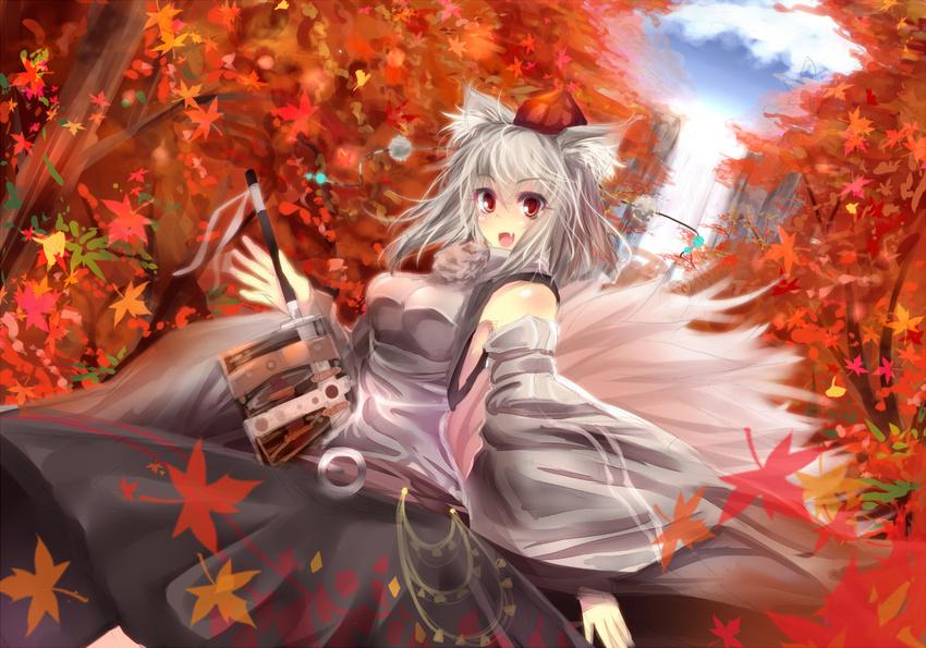 animal_ears autumn e-co fang hat inubashiri_momiji leaf maple_leaf smile solo sword tokin_hat touhou tree water waterfall weapon wolf_ears