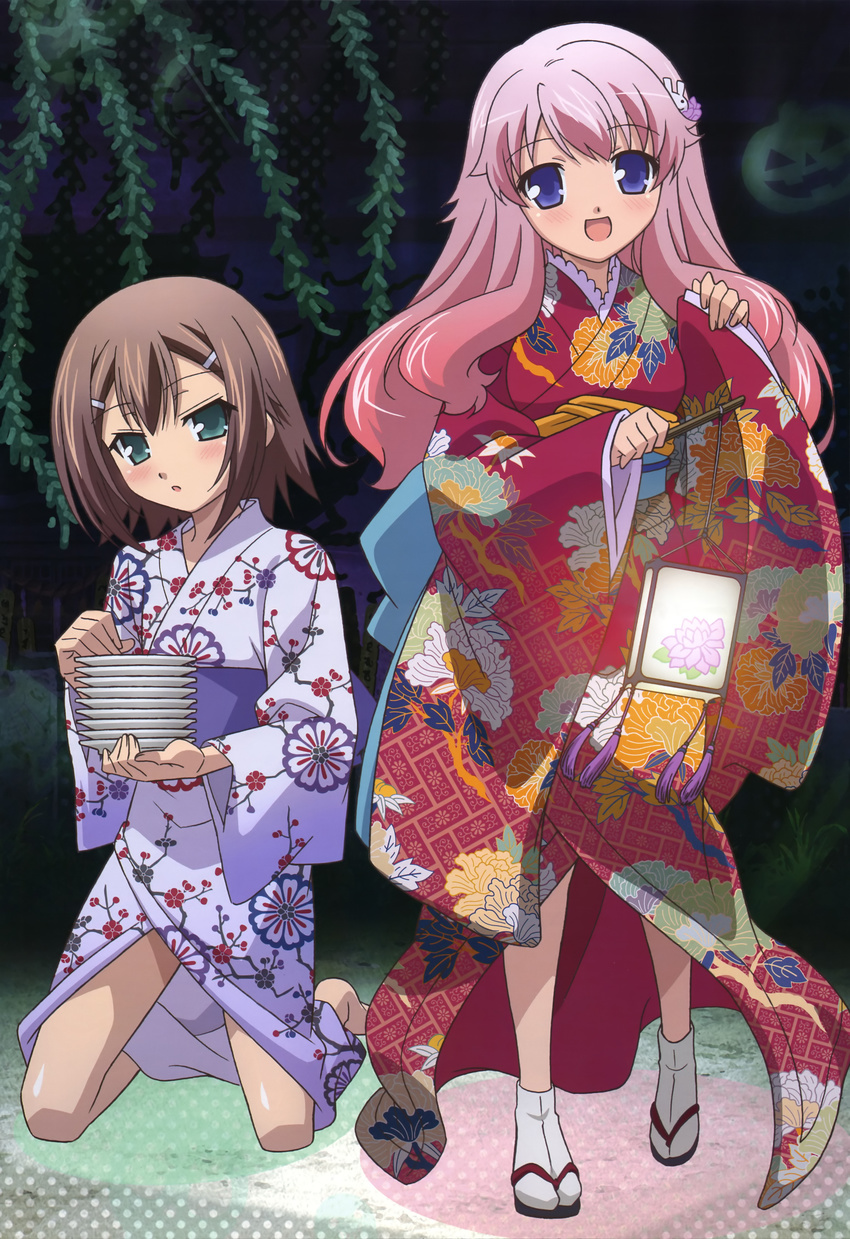 1girl absurdres baka_to_test_to_shoukanjuu blue_eyes brown_hair furisode green_eyes highres himeji_mizuki japanese_clothes kimono kinoshita_hideyoshi kneeling long_hair non-web_source nyantype official_art otoko_no_ko pink_hair plate short_hair yukata