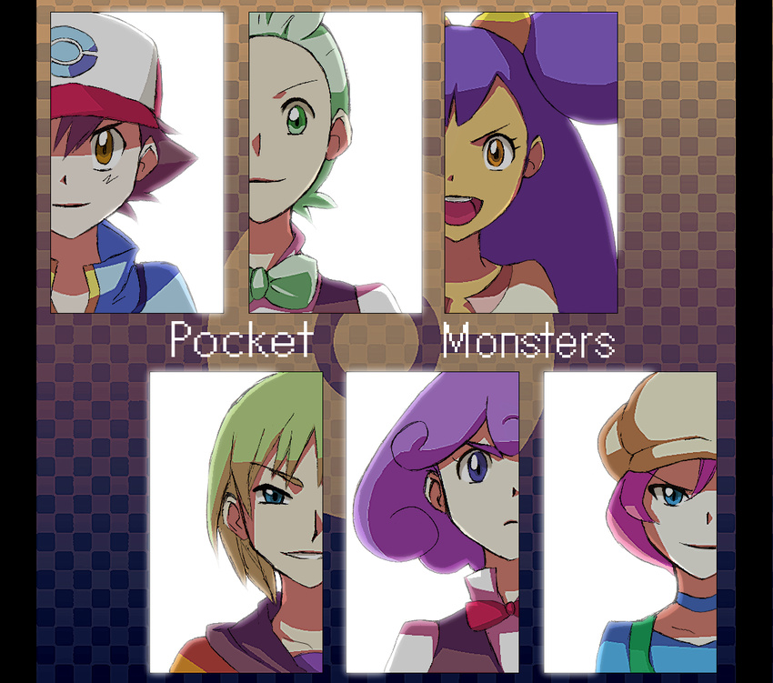 3girls baseball_cap big_hair blonde_hair bow bowtie cabbie_hat cabernet_(pokemon) checkered checkered_background choker column_lineup copyright_name dent_(pokemon) formal hat iris_(pokemon) langley_(pokemon) maguro_ouji multiple_boys multiple_girls pink_hair pokemon pokemon_(anime) pokemon_bw_(anime) purple_hair satoshi_(pokemon) shooti_(pokemon) suit