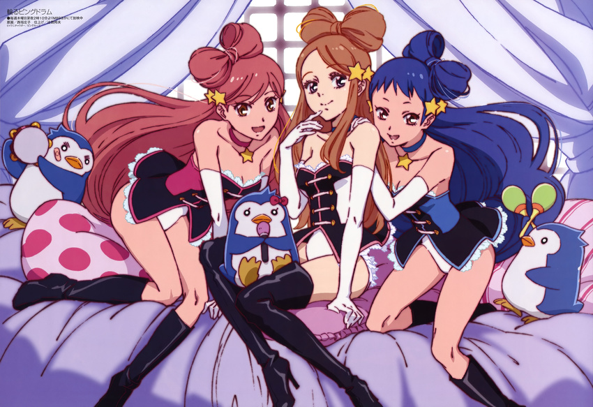 absurdres bed bird blue_hair boots bow brown_hair choker double-h_(mawaru_penguindrum) elbow_gloves gloves highres instrument isora_hibari legs long_hair long_legs maracas mawaru_penguindrum megami microphone multiple_girls nishigaki_shouko non-web_source official_art penguin penguin_1-gou penguin_2-gou penguin_3-gou pillow red_hair star takakura_himari tambourine utada_hikari very_long_hair