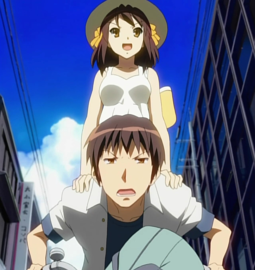 bicycle bows brown_hair dress duo hair_bow hat kyon screenshot short_hair suzumiya_haruhi suzumiya_haruhi_no_yuuutsu white_dress white_outfit