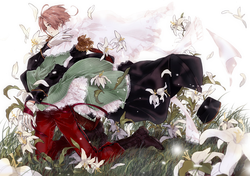 adapted_costume ahoge alternate_costume apron axis_powers_hetalia bad_id bad_pixiv_id blurry blush boots brown_hair cloak depth_of_field dress epaulettes field flower foreshortening frilled_dress frills gloves grass hat kneeling lace lily_(flower) male_focus military military_uniform northern_italy_(hetalia) pants petals puffy_sleeves ribbon simekirikowai solo uniform wind