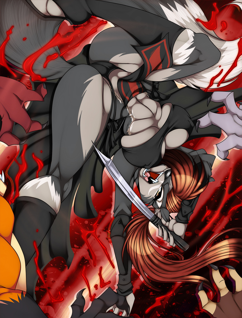 amber_eyes big_breasts black blood boots breasts brown brown_body brown_hair camel_toe canine claws cleavage clothed clothing coyote crystal-for-ever fangs fatecoyote female fight fox fur grey grey_fur group hair hybrid long_hair looking_at_viewer male mammal muscles open_mouth orange orange_body panties skimpy solo_focus spread_legs spreading sword tail teeth underwear upside_down weapon