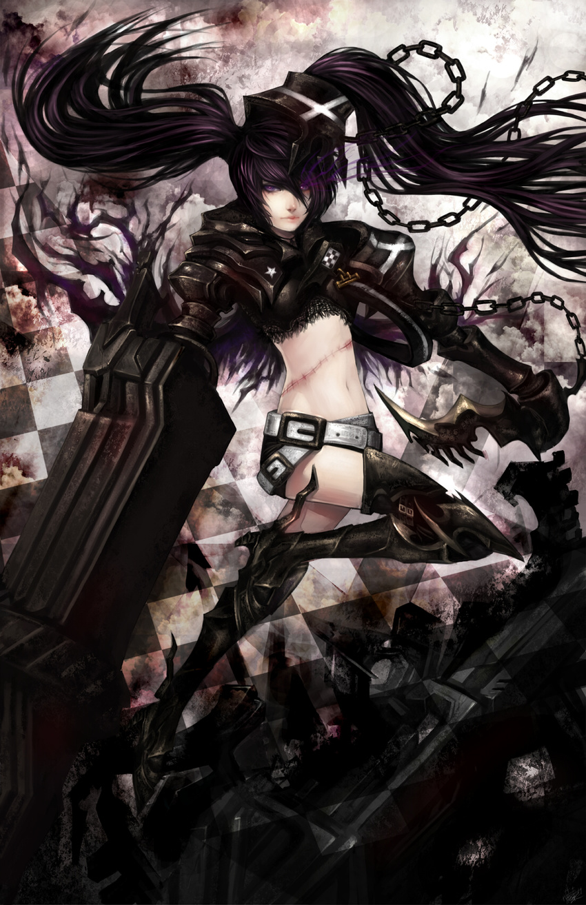 bad_id bad_pixiv_id belt beltskirt black_hair black_rock_shooter boots chain highres huge_weapon insane_black_rock_shooter long_hair midriff navel solo sword thigh_boots thighhighs twintails vusc weapon