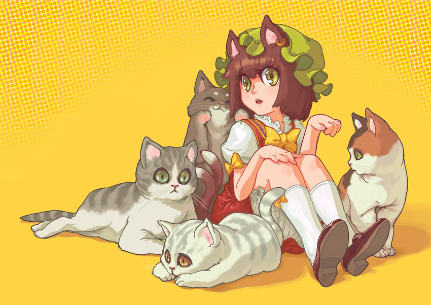 alternate_hairstyle animal_ears bob_cut bow bowtie brown_hair cat cat_ears cat_tail chen earrings green_eyes halftone halftone_background hat highres jewelry momijigari multiple_tails paw_pose short_hair sitting solo tail too_many too_many_cats touhou