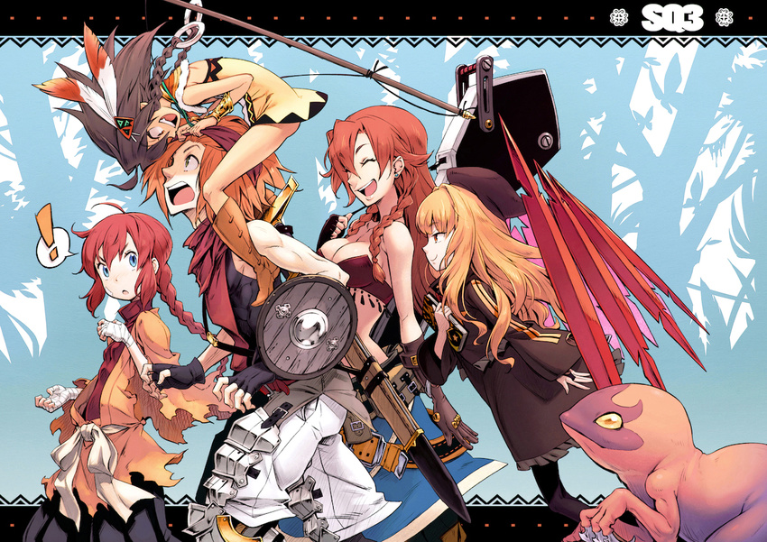 1boy 4girls ^_^ ^o^ ballista_(sekaiju) beast_king_(sekaiju) beret blue_eyes book boots braid closed_eyes dress feathers fingerless_gloves gloves hair_feathers hat holding holding_book jewelry monk_(sekaiju) multiple_girls orange_hair qni red_hair ring sekaiju_no_meikyuu sekaiju_no_meikyuu_3 sheath sheathed shield side_braid sword twin_braids walking warrior_(sekaiju) weapon zodiac_(sekaiju)