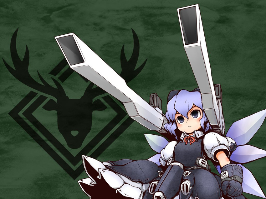 after_war_gundam_x bad_id bad_pixiv_id blue_eyes blue_hair cannon cirno gloves gundam gundam_double_x mecha mecha_musume parody shishigami_(sunagimo) solo touhou wings