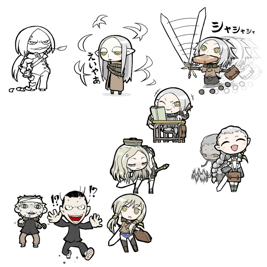 2boys 6+girls angel_densetsu anger_vein book character_request chibi claymore claymore_(sword) crossover cynthia_(claymore) disembodied_head food food_in_mouth helen_(claymore) hook irene_(claymore) kitano_seiichirou miria_(claymore) mouth_hold multiple_boys multiple_girls obentou ophelia school_uniform spoilers sword teresa_(claymore) toast toast_in_mouth ume_(noraneko) weapon