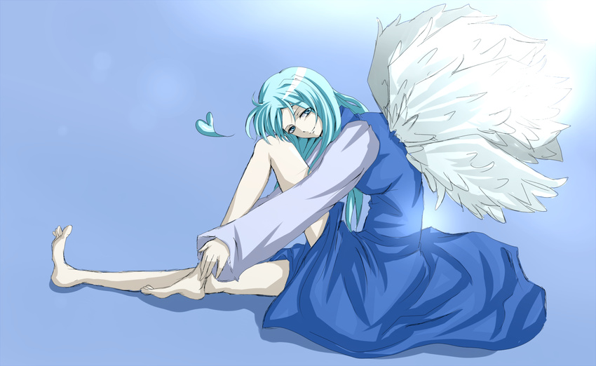 angel barefoot blue_hair dress heart machi_(purple-love) sariel sitting smile solo thighs touhou touhou_(pc-98) wings