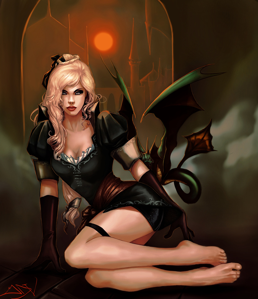 1girl adult akumajo_dracula barefoot blonde_hair bow breasts castlevania castlevania:_symphony_of_the_night castlevania_symphony_of_the_night cleavage dragon feet foot green_skin highres looking_at_viewer maria_renard older shorts solo toes