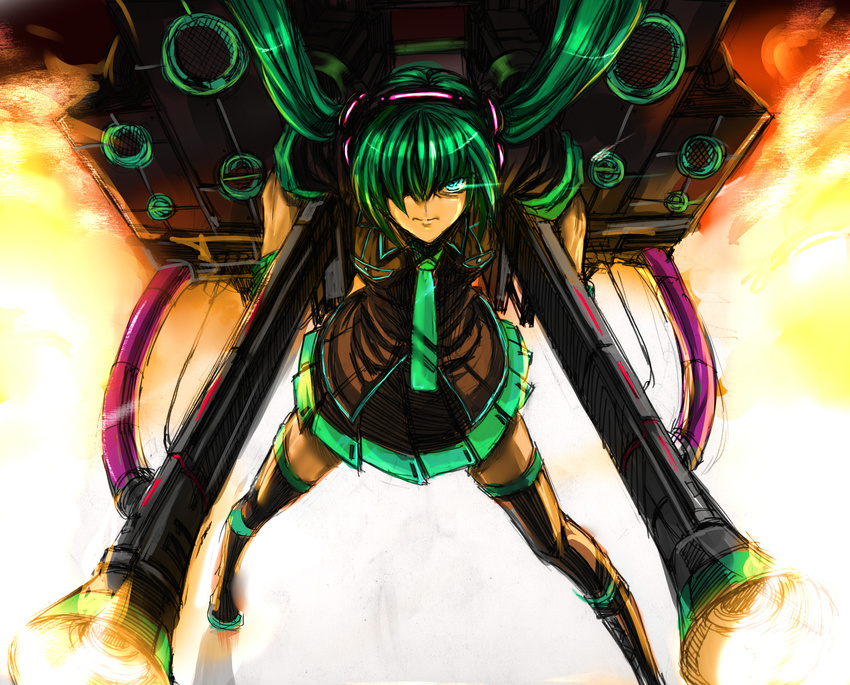 backpack bag black_legwear cannon dendrobium_schema dual_wielding glowing glowing_eyes green_eyes green_hair gundam gundam_0083 hair_over_one_eye hatsune_miku headphones hellsing highres holding huge_weapon karlwolf koi_wa_sensou_(vocaloid) long_hair parody pleated_skirt seras_victoria skirt solo speaker thighhighs twintails very_long_hair vocaloid weapon zettai_ryouiki