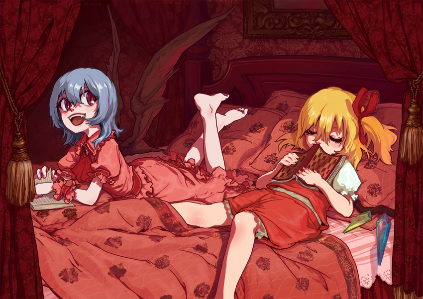 barefoot bat_wings bed blonde_hair blue_hair book feet flandre_scarlet highres lying momijigari multiple_girls on_stomach ponytail red_eyes remilia_scarlet short_hair siblings side_ponytail sisters sleeping smile touhou wings