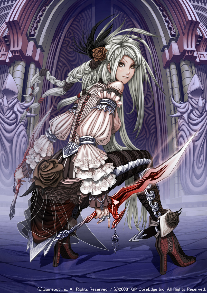 alteil_ii dual_wielding flower hair_flower hair_ornament high_heels highres holding katora long_hair looking_back rose shoes silver_hair solo sword weapon yellow_eyes