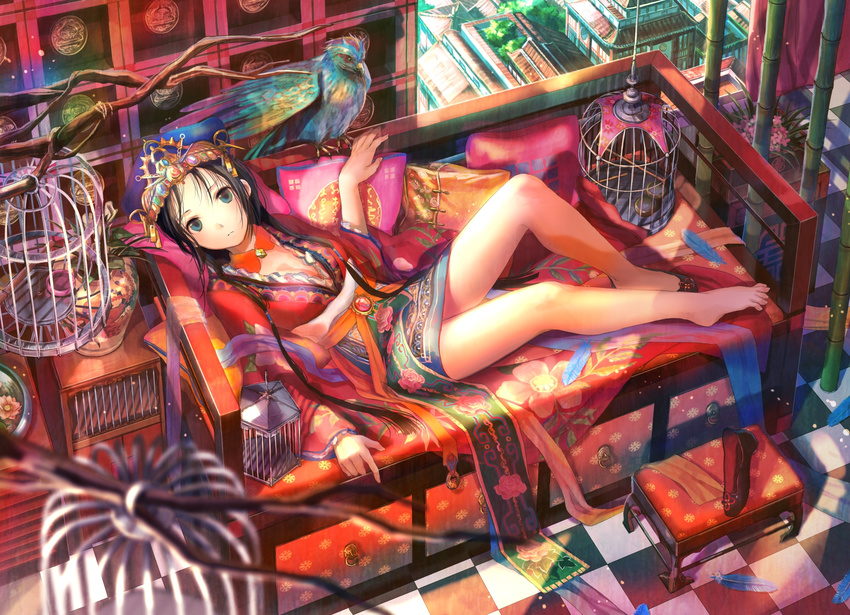 bamboo barefoot bird birdcage black_hair blue_eyes blurry branch breasts cage chinese_clothes cleavage couch crown depth_of_field feathers flower footstool fuji_choko hanging hat highres legs long_hair lying medium_breasts no_socks on_back original pillow shoes single_shoe solo vase