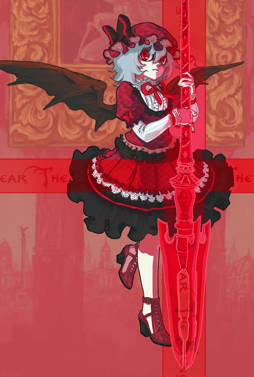 alternate_costume bat_wings blue_hair frills hat high_heels highres lace momijigari polearm red_eyes remilia_scarlet shoes short_hair solo spear spear_the_gungnir touhou weapon wings