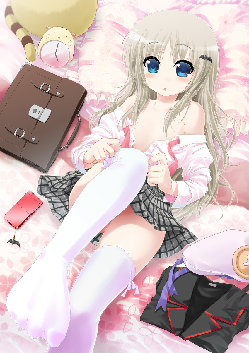 :o absurdres adjusting_clothes adjusting_legwear bare_shoulders blonde_hair blue_eyes cellphone dressing feet flat_chest foreshortening hat highres little_busters! long_hair noumi_kudryavka open_clothes open_shirt outstretched_leg phone porurin pov_feet school_uniform shirt sock_pull solo thighhighs thighhighs_pull