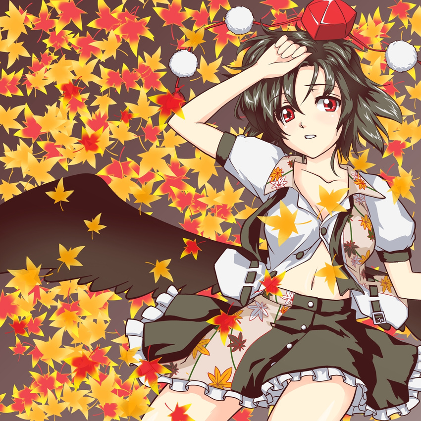 abo_(hechouchou) arm_up black_hair black_wings expressionless from_above hat hat_removed headwear_removed highres leaf leaf_print looking_at_viewer low_wings lying maple_leaf midriff navel no_bra on_back open_clothes open_mouth open_shirt parted_lips red_eyes shameimaru_aya shirt short_hair skirt solo tokin_hat touhou wings
