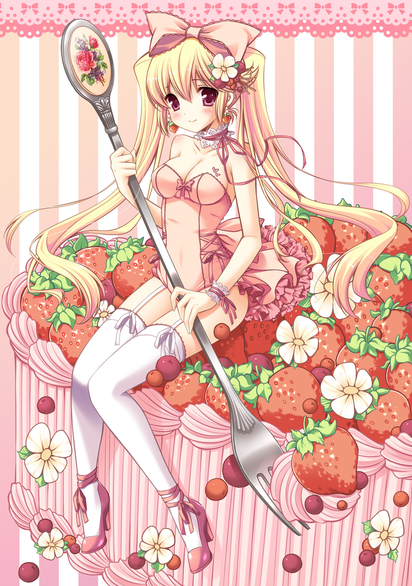 absurdres blonde_hair breasts cake cleavage copyright_request food fork fruit garter_straps hair_ribbon highres inugahora_an medium_breasts pastry ribbon solo strawberry thighhighs twintails white_legwear