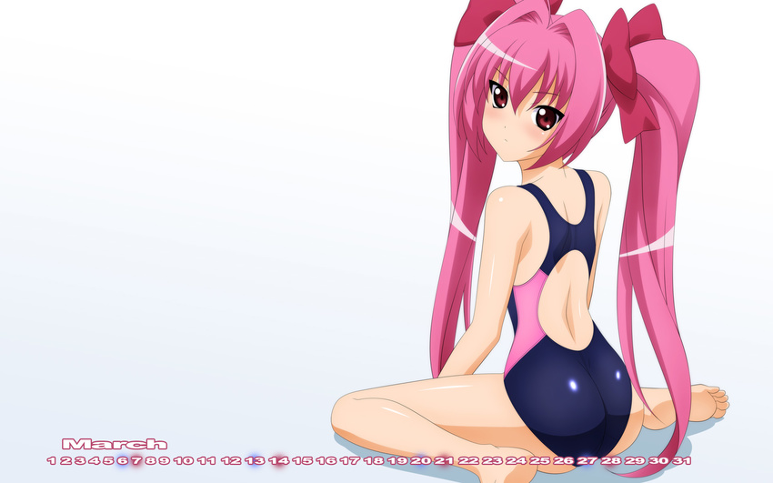 ass barefoot blush bow calendar_(medium) competition_swimsuit di_gi_charat feet from_behind hair_bow highres long_hair looking_back march one-piece_swimsuit pink_hair red_eyes sitting solo sugimura_tomokazu swimsuit twintails usada_hikaru very_long_hair wallpaper wariza