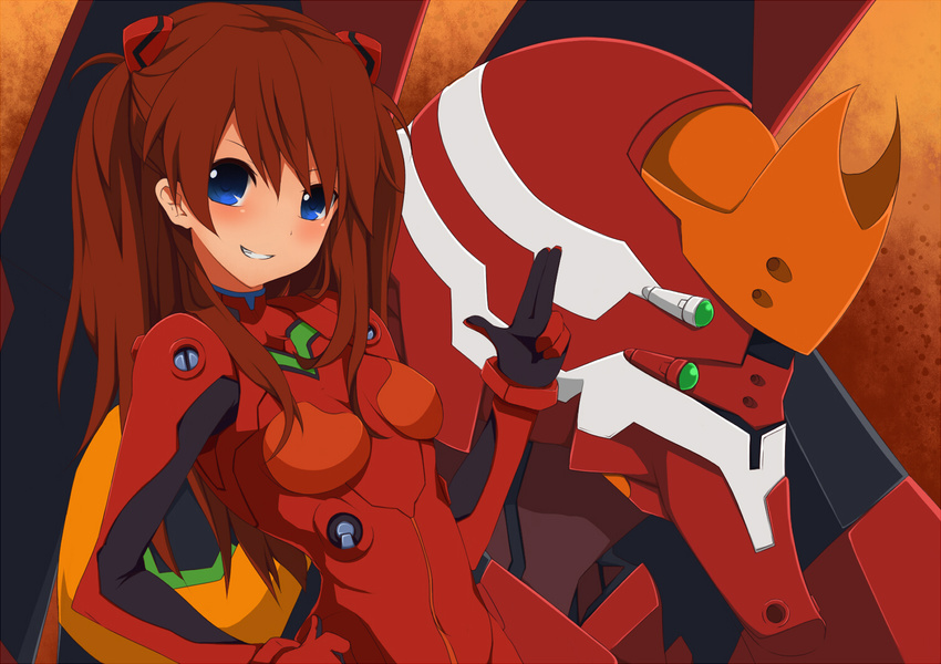 bangs blue_eyes blush bodysuit bracer breasts brown_hair commentary_request eva_02 extra_eyes from_side gloves grin hair_between_eyes hand_on_hip hand_up headgear hips long_hair looking_to_the_side mecha nemu_(nebusokugimi) neon_genesis_evangelion orange_background parted_bangs pilot_suit plugsuit red_bodysuit salute slender_waist small_breasts smile solo souryuu_asuka_langley standing straight_hair turtleneck upper_body