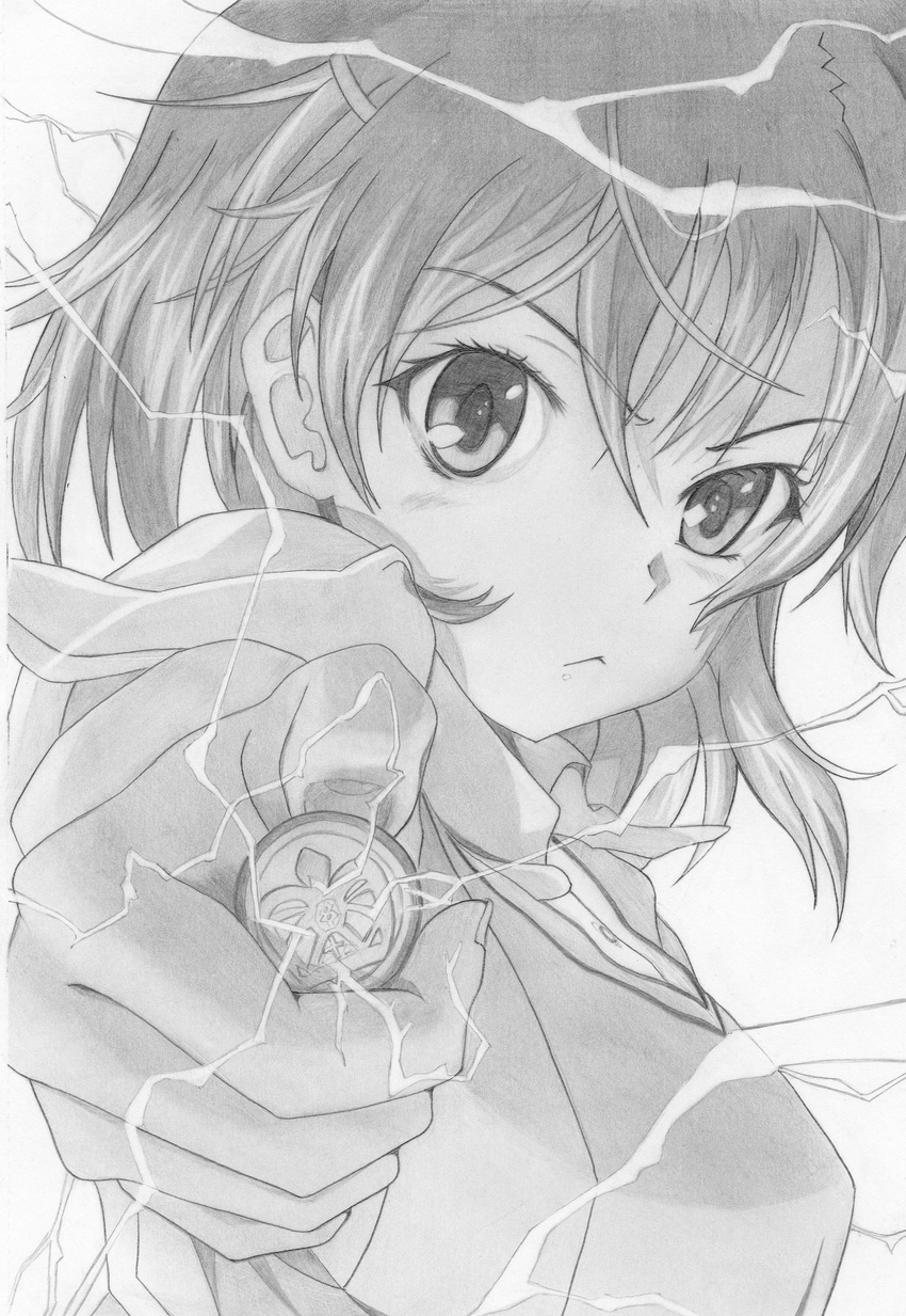 :&lt; absurdres biribiri coin derivative_work graphite_(medium) greyscale hair_ornament hairclip highres misaka_mikoto monochrome rinsu short_hair solo to_aru_kagaku_no_railgun to_aru_majutsu_no_index traditional_media