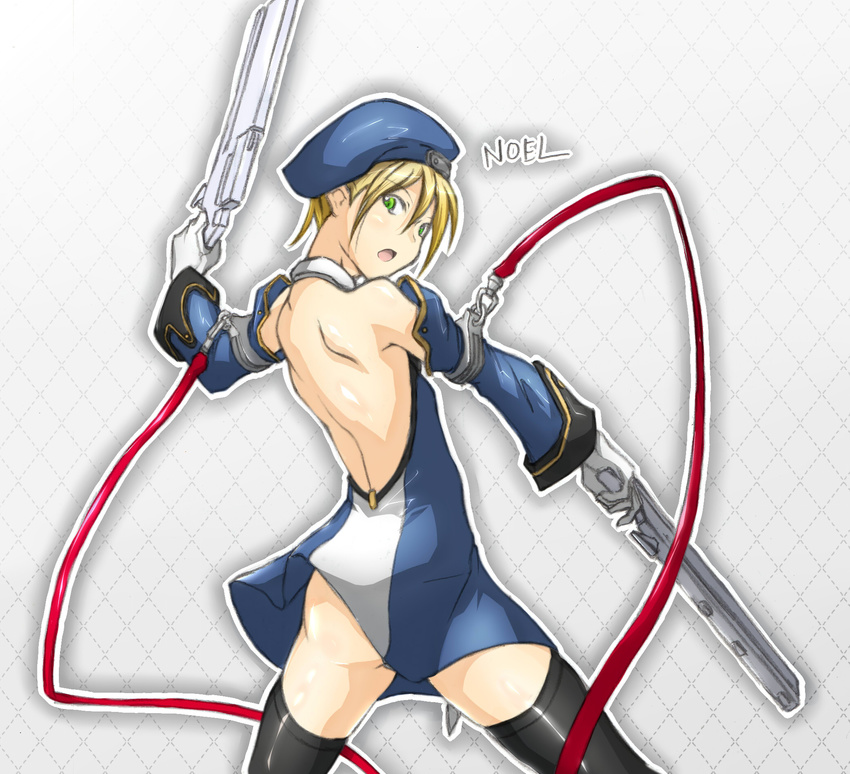 arc_system_works ass bare_back beret blazblue blonde_hair detached_sleeves dual_wield dual_wielding gloves green_eyes gun hat highres looking_back noel_vermillion ribbon thighhighs weapon