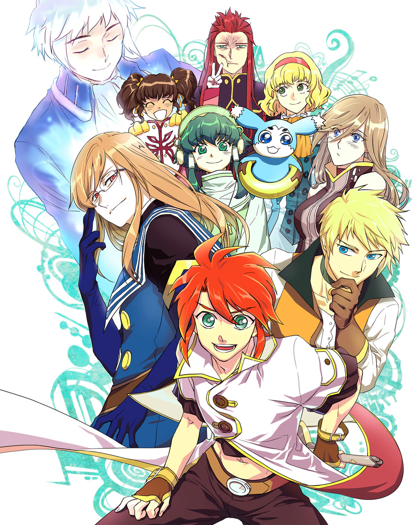 6+boys anise_tatlin asch bad_id bad_pixiv_id blonde_hair blue_eyes brown_hair choker closed_eyes ginji_(tales) glasses gloves green_choker green_eyes green_hair guy_cecil hair_tubes hairband highres ion jade_curtiss long_hair luke_fon_fabre mansu mieu multiple_boys multiple_girls natalia_luzu_kimlasca_lanvaldear open_mouth red_eyes red_hair short_hair short_hair_with_long_locks sidelocks tales_of_(series) tales_of_the_abyss tear_grants twintails v white_hair