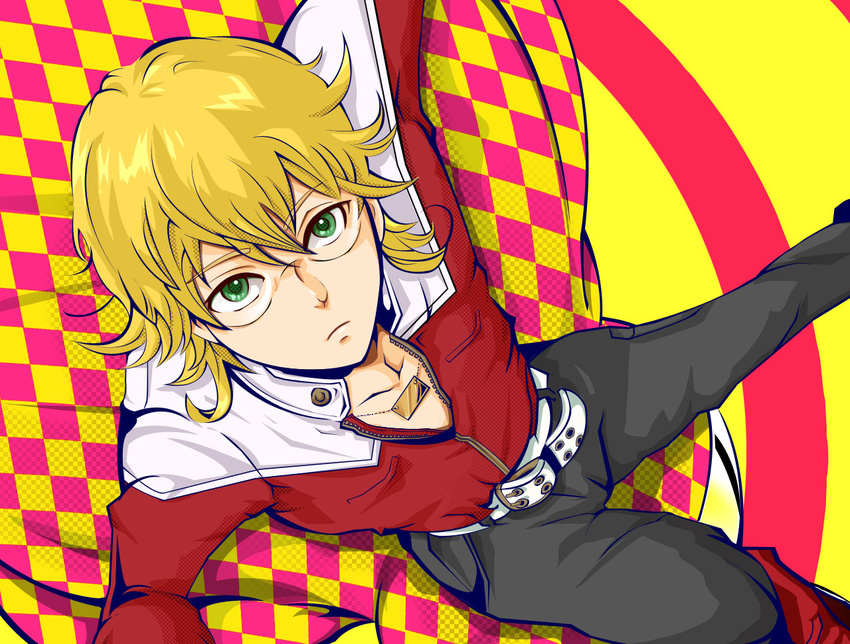 bad_id bad_pixiv_id barnaby_brooks_jr belt blonde_hair boots checkered checkered_background glasses green_eyes jacket jewelry male_focus necklace red_jacket solo studded_belt tiger_&amp;_bunny yukimofu