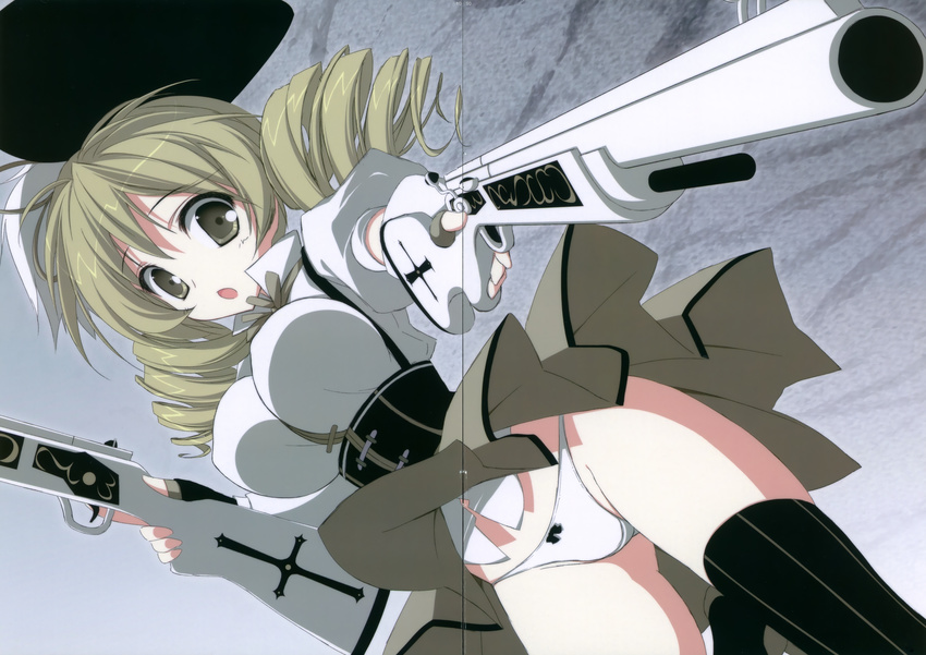 absurdres aiming black_legwear blonde_hair breasts corset drill_hair dutch_angle from_below gun hat highres large_breasts magical_girl magical_musket mahou_shoujo_madoka_magica panties pantyshot rifle solo source_request striped striped_legwear suzuri_(tennenseki) thighhighs tomoe_mami twin_drills twintails underwear upskirt vertical-striped_legwear vertical_stripes weapon white_panties