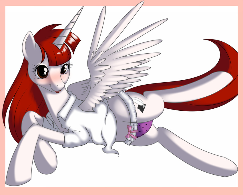 alicorn blush clothing equine female feral friendship_is_magic hair hasbro horn kloudmutt lauren_faust lauren_faust_(character) mammal my_little_pony ponification red_hair shirt solo winged_unicorn wings
