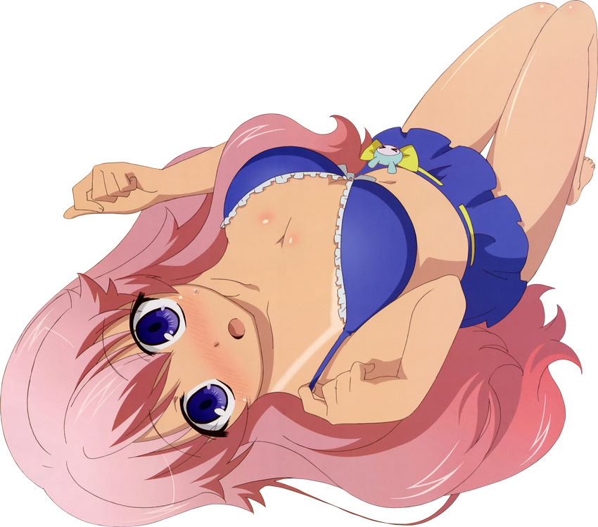 absurdres baka_to_test_to_shoukanjuu barefoot bikini blue_eyes blush breasts extraction highres himeji_mizuki legs long_hair photoshop pink_hair render solo swimsuit tan tanline thighs