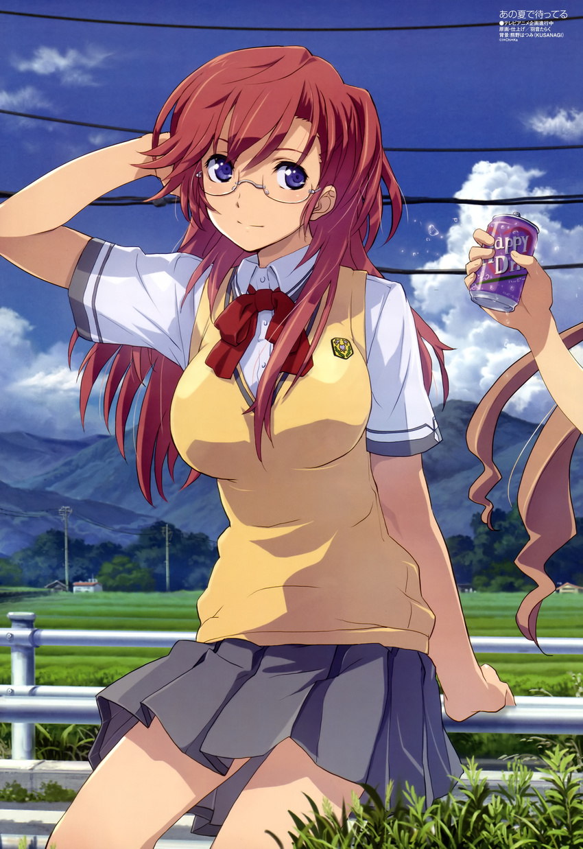 absurdres ano_natsu_de_matteru blue_eyes breasts brown_hair can cloud day drink glasses highres large_breasts long_hair megami official_art poster power_lines school_uniform sky solo_focus sweater_vest takatsuki_ichika unlinked_poster uon_taraku