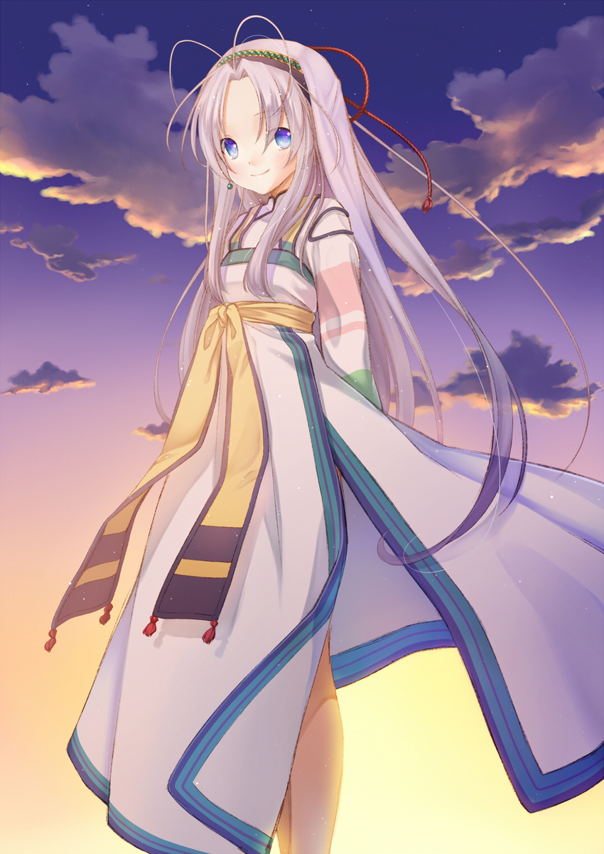 antenna_hair bad_id bad_pixiv_id blue_eyes cloud highres japanese_clothes lavender_hair long_hair mamotte_shugogetten! nana_mikoto shugogetten_shaolin sky smile solo sunset