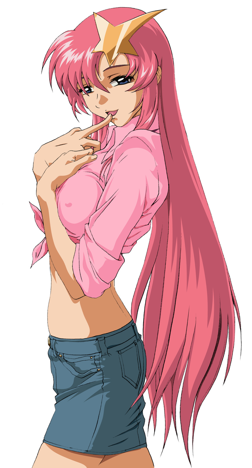 black_eyes blue_skirt covered_nipples cowboy_shot denim denim_skirt finger_to_mouth from_side gundam gundam_seed gundam_seed_destiny hair_ornament highres hk_vp70 long_hair looking_at_viewer meer_campbell midriff miniskirt open_mouth pink_hair pink_shirt shirt simple_background skirt solo standing tied_shirt very_long_hair white_background