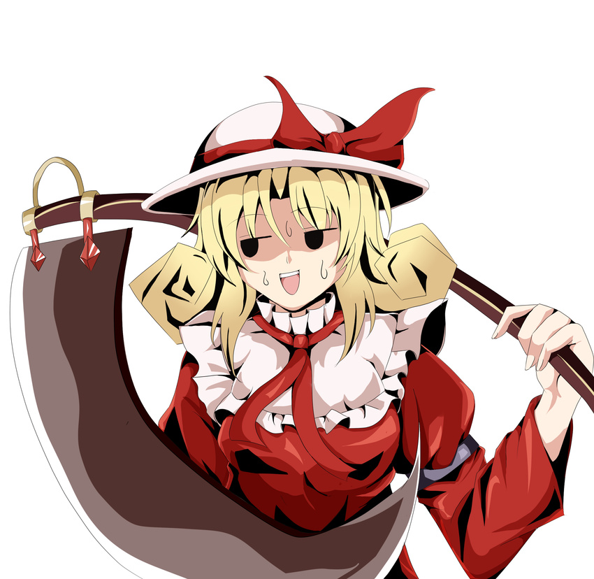blonde_hair commentary elly hat hat_ribbon highres holding holding_scythe jitome open_mouth over_shoulder ribbon scythe shino_(moment) simple_background solo sweatdrop teeth touhou touhou_(pc-98) weapon weapon_over_shoulder
