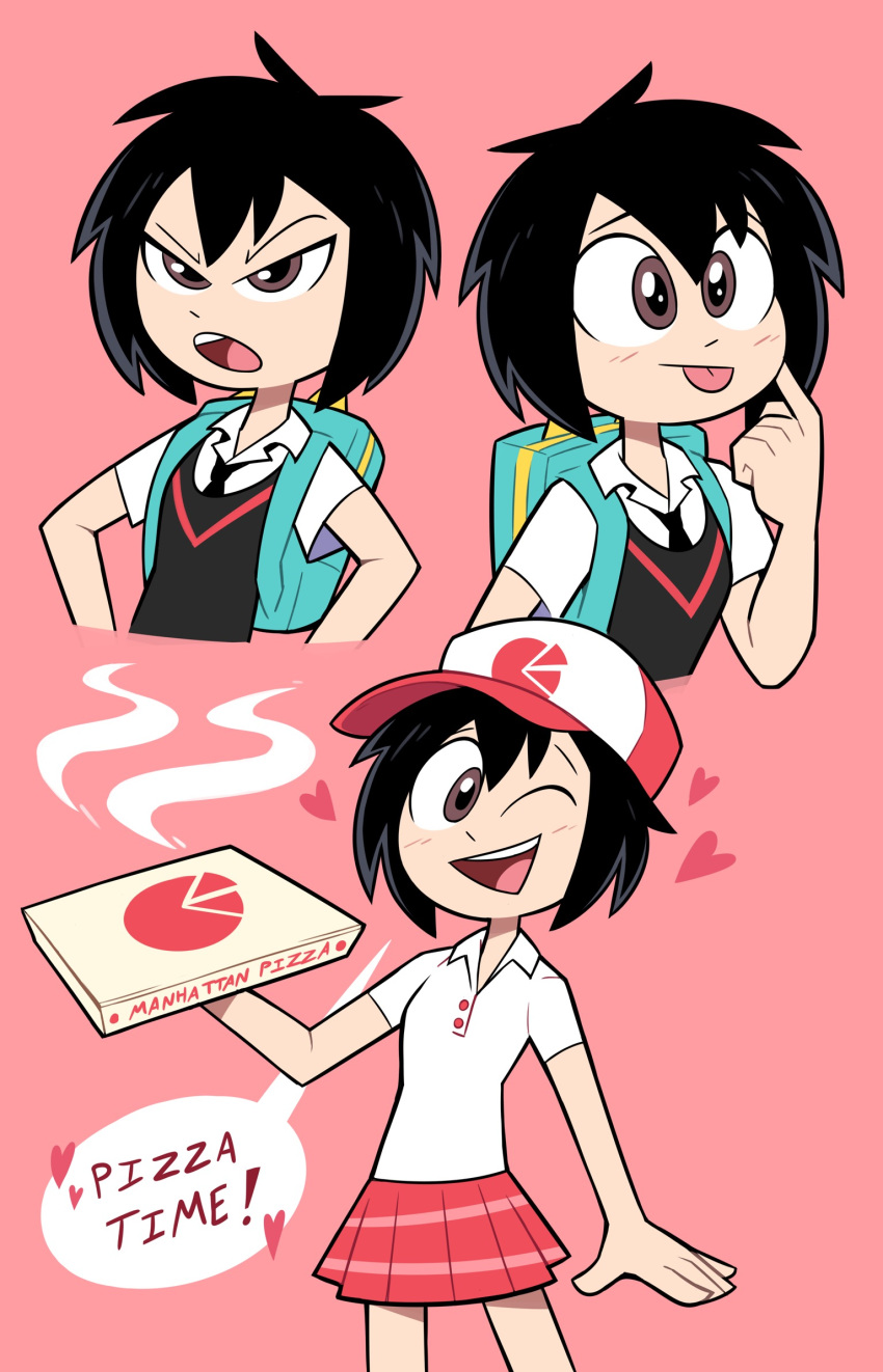 backpack black_hair blush brown_eyes hearts miscon peni_parker pizza pizza_box red_skirt school_uniform spider-man spider-man:_into_the_spider-verse steam text tongue_out various_expressions white_shirt wink