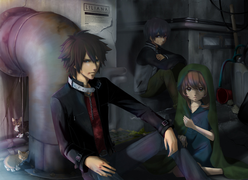 1girl 2boys animal armored_core armored_core:_for_answer blanket boy brown_hair cat collar everyone from_software girl group jacket kittens looking_at_viewer male multiple_boys poster purple_eyes sewer sewer_drain strayed