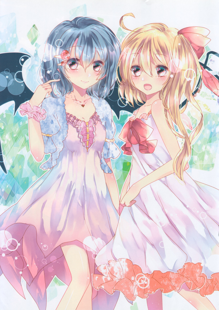 2girls absurdres ahoge alternate_costume bangs bare_arms bare_shoulders bat_wings blonde_hair blue_hair blush breasts collarbone crystal dress eyebrows_visible_through_hair feet_out_of_frame flandre_scarlet ginzuki_ringo hair_between_eyes hair_ornament hair_ribbon hairclip hand_up heart highres huge_filesize jewelry lens_flare looking_at_viewer multiple_girls necklace no_hat no_headwear one_side_up open_clothes open_mouth open_vest outline pendant pink_dress pink_eyes pointy_ears puffy_short_sleeves puffy_sleeves red_ribbon remilia_scarlet ribbon scan short_hair short_sleeves siblings side_ponytail sisters sleeveless sleeveless_dress small_breasts smile standing sundress touhou vest white_dress white_outline wings wrist_cuffs