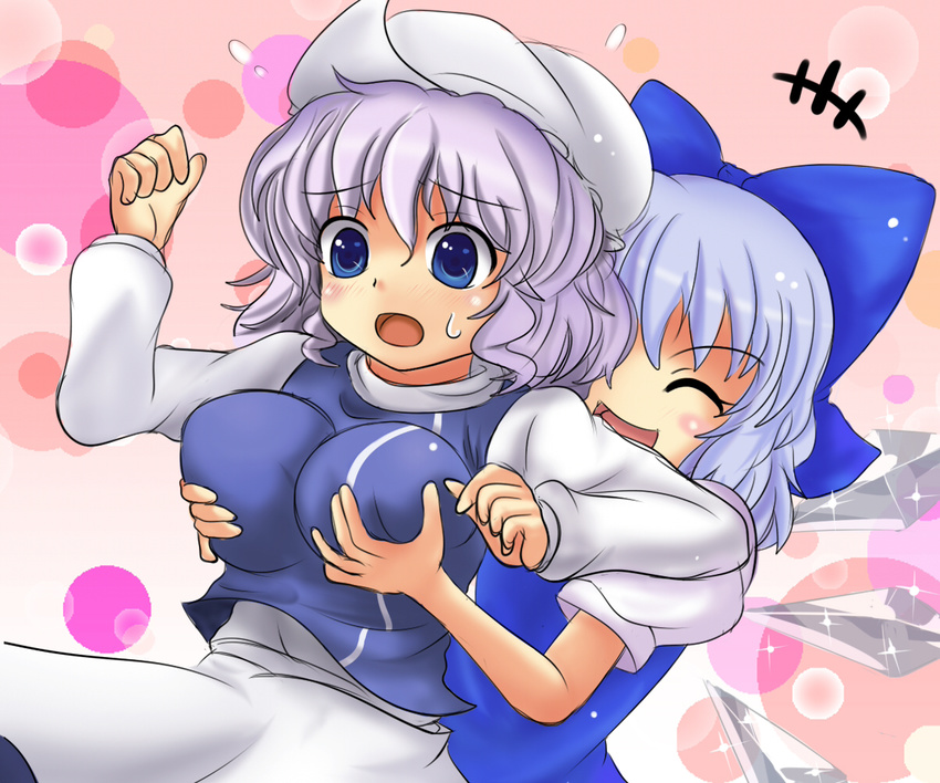 &gt;_&lt; :d :o ^_^ apron blue_eyes blue_hair blush bow breast_grab breasts bubble cirno closed_eyes dress embarrassed grabbing groping hair_bow hat ice impossible_clothes impossible_shirt kurowana large_bow large_breasts lavender_hair leaning_back letty_whiterock long_sleeves multiple_girls nervous open_mouth pink_background puffy_short_sleeves puffy_sleeves purple_hair shiny shirt short_sleeves skirt smile standing surprised sweatdrop touhou vest wings xd