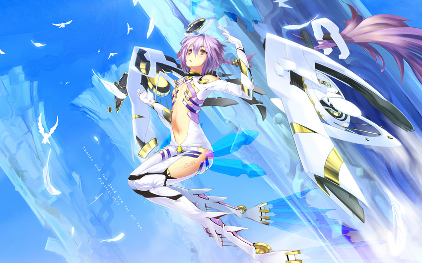 2011 :o ar_tonelico ar_tonelico_iii arm_up bangs bare_shoulders bird blush bodysuit braid center_opening dated english feathers flat_chest hair_between_eyes hair_ornament highres mecha_musume midriff navel ntny open_mouth profile purple_eyes purple_hair short_hair side_braid sky solo tattoo thank_you tilia transparent turtleneck twin_braids