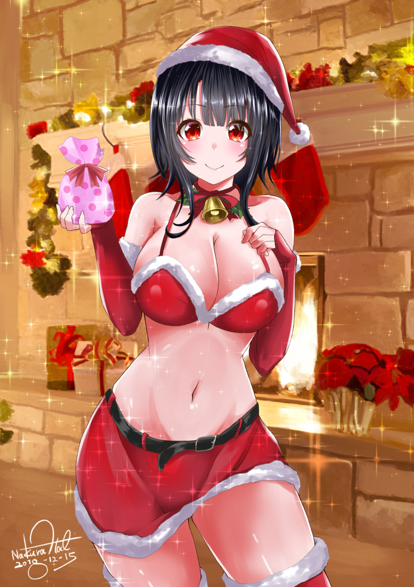 1girl alternate_costume bare_shoulders belt black_belt black_hair blush breasts christmas elbow_gloves fingerless_gloves fireplace fur-trimmed_gloves fur-trimmed_skirt fur_trim gift gloves hat highres holding holding_gift indoors kantai_collection large_breasts looking_at_viewer midriff miniskirt nakura_haru navel red_bikini_top red_eyes red_gloves red_legwear red_skirt santa_costume santa_hat short_hair skirt smile solo takao_(kantai_collection) thighhighs