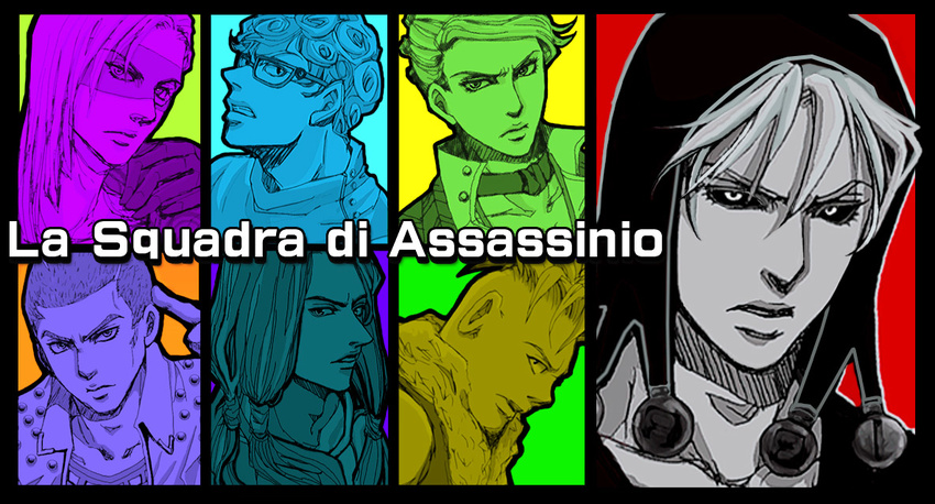 6+boys 7boys assassino formaggio ghiacchio ghiaccio illuso jojo's_bizarre_adventure jojo_no_kimyou_na_bouken male male_focus melone multiple_boys pesci prosciutto risotto_nero