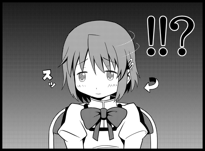 1girl bow comic downtown_no_gaki_no_tsukai_ya_arahende!! greyscale mahou_shoujo_madoka_magica miki_sayaka monochrome school_uniform short_hair sitting solo tsukumo