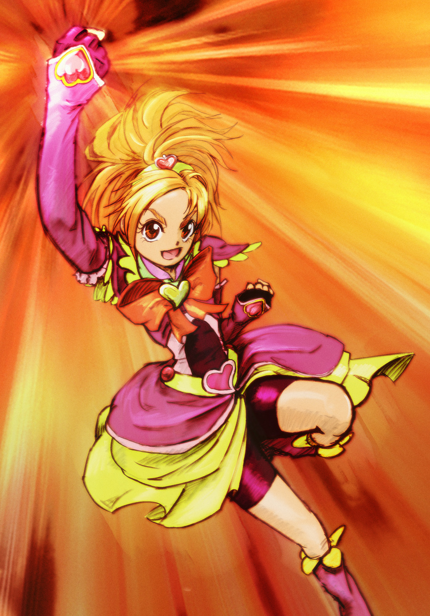 absurdres bike_shorts blonde_hair boots clenched_hands cure_bloom eyelashes futari_wa_precure_splash_star goru_(cure_golgom) highres hyuuga_saki knee_boots magical_girl open_mouth orange_background parody pink_footwear precure raised_fist ribbon shorts shorts_under_skirt shouryuuken solo uppercut